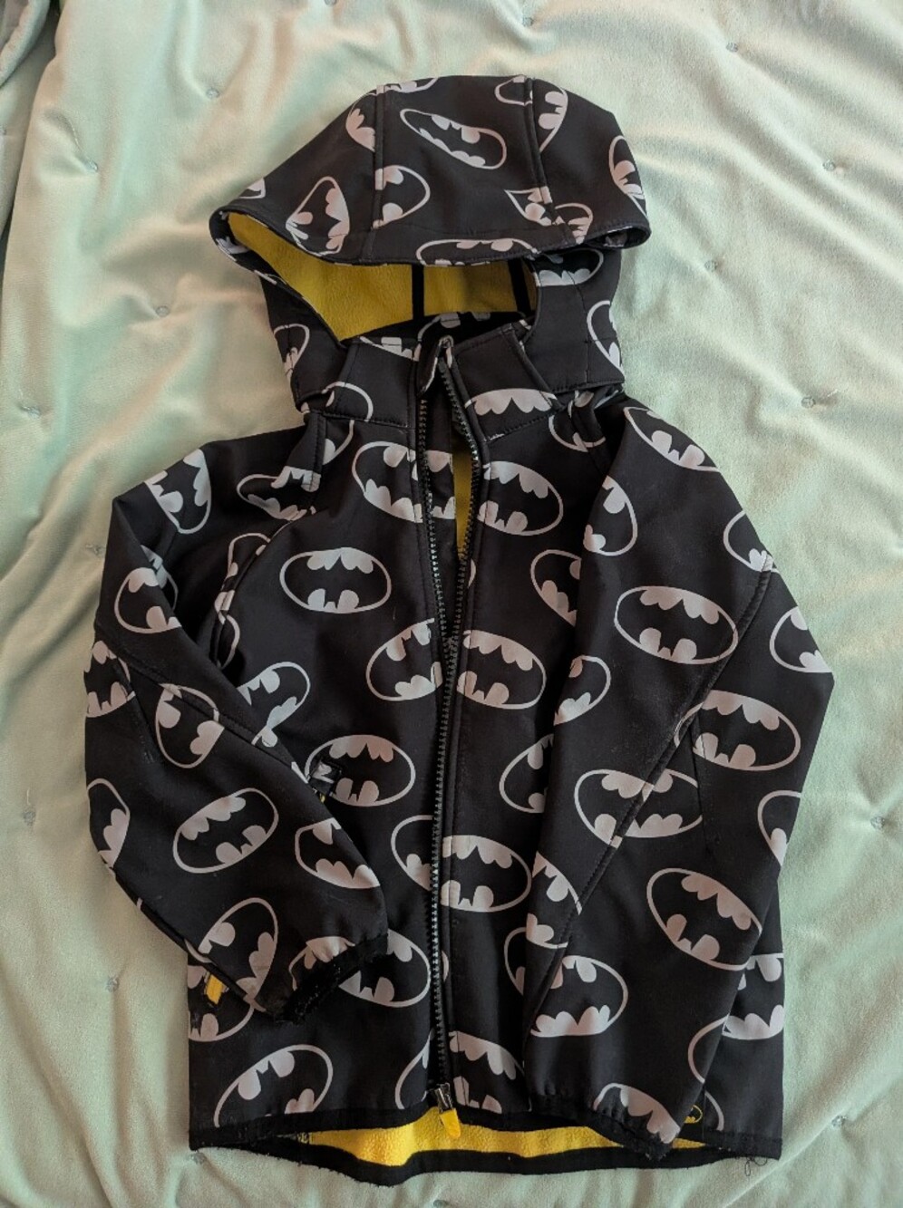 H&M Batman Black Hoodie with White Bat Logos and Yellow Lining